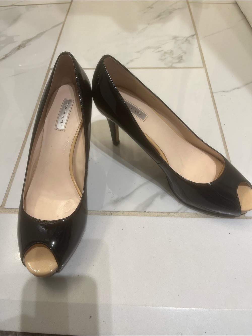 Tahari Black Patent Peep-Toe Pumps with Nude Toe Cap